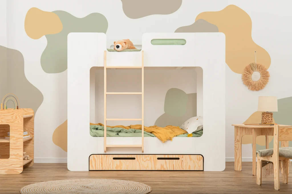 Lit superposé en bois fabriqué en contreplaqué de pin couleur blanc avec échelle à gauche et tiroir coulissant