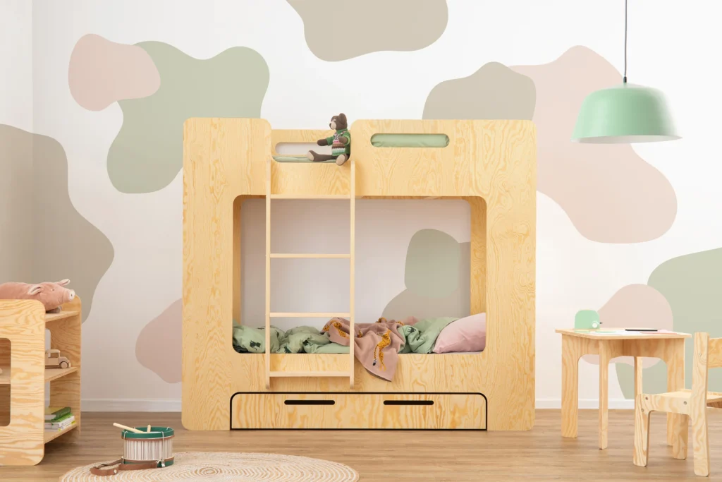 Lit superposé en bois fabriqué en contreplaqué de pin couleur bois laqué avec échelle à gauche et tiroir coulissant