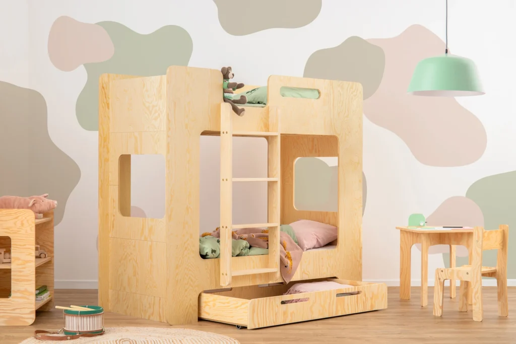 Lit superposé en bois fabriqué en contreplaqué de pin couleur bois laqué avec échelle à gauche et tiroir coulissant