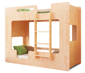 Lit superposé en bois fabriqué en contreplaqué de pin couleur bois naturel avec une échelle sur le côté droit