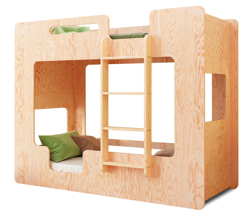 Lit superposé en bois fabriqué en contreplaqué de pin couleur bois naturel avec une échelle sur le côté droit