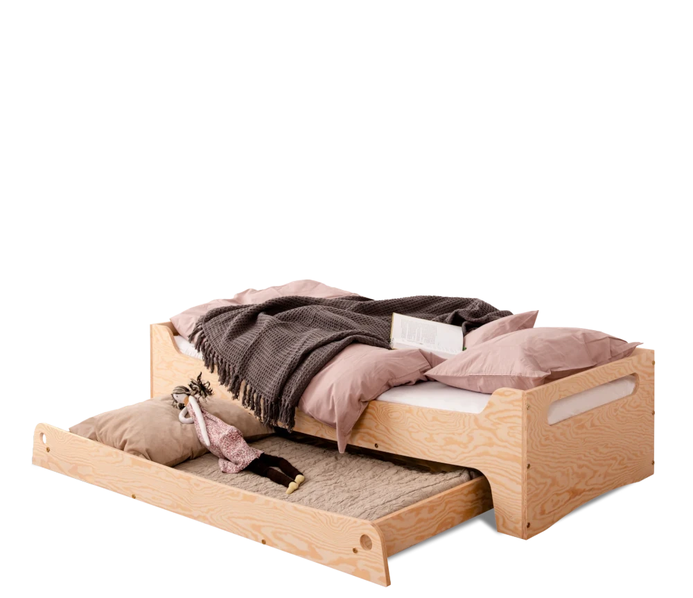 Lit enfant en bois fabriqué en contreplaqué de pin de couleur bois naturel avec tiroir coulissant