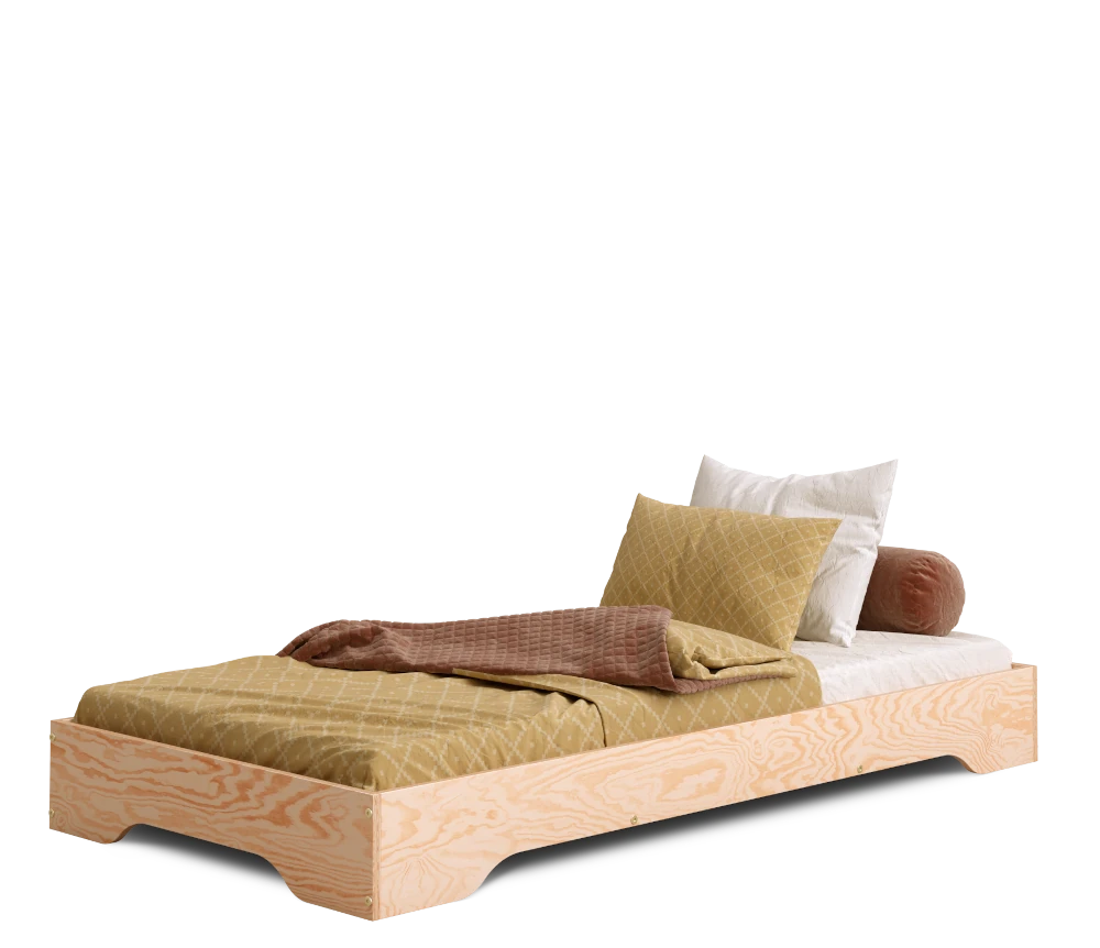 Lit enfant en bois sans barrières fabriqué en contreplaqué de pin couleur bois naturel