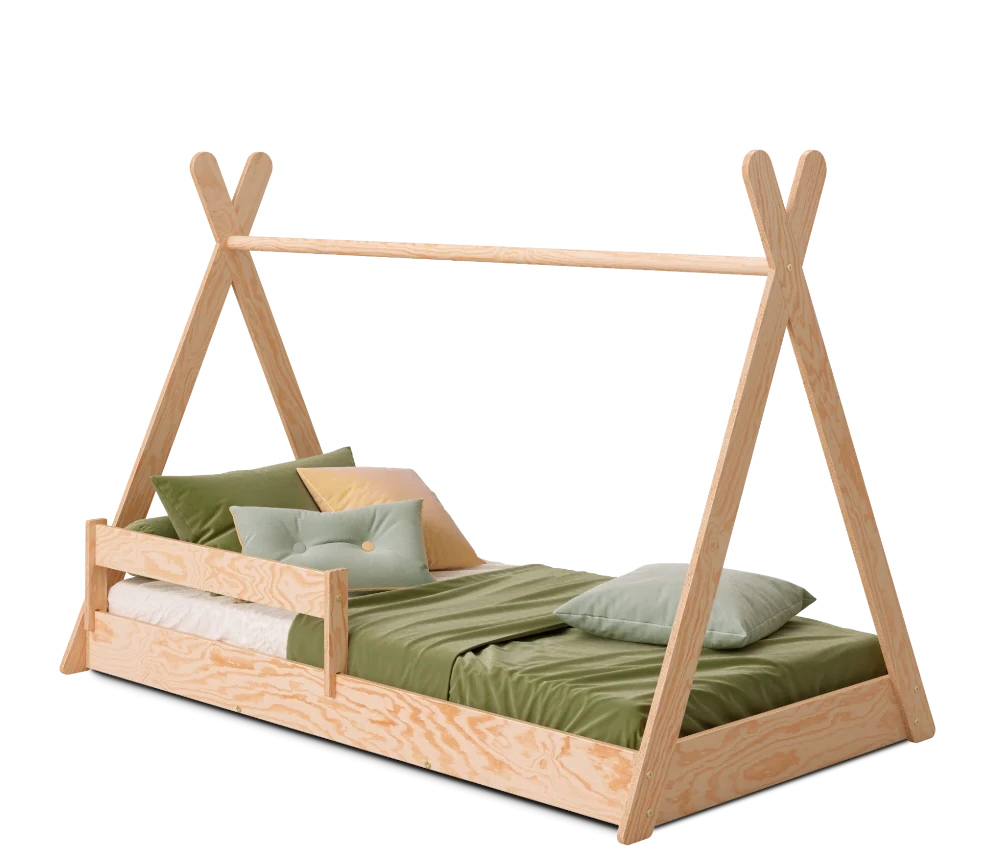 Lit enfant en bois de style tipi en contreplaqué de pin couleur bois naturel avec barrière latérale