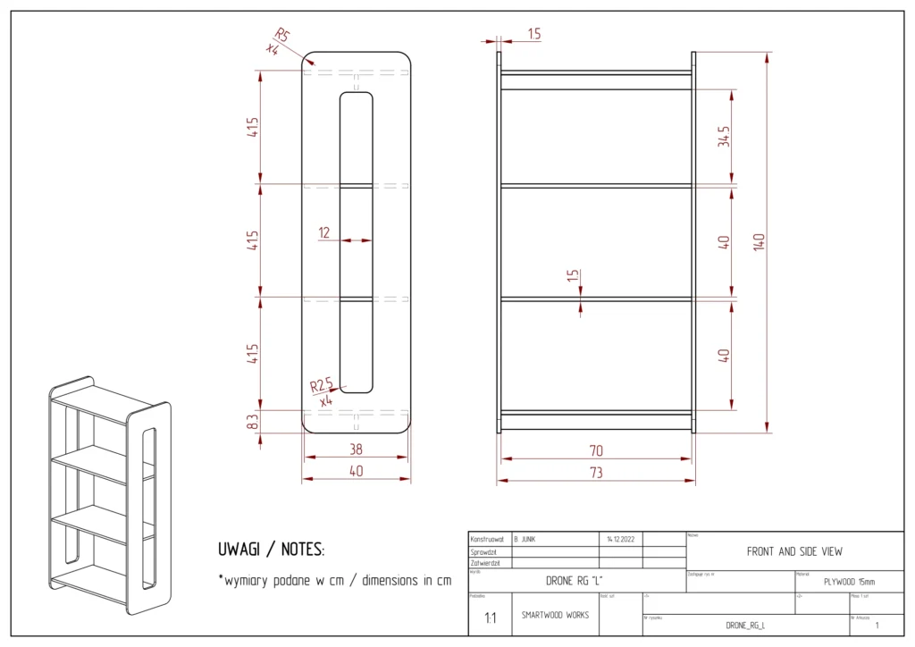 Dessin technique d'une étagère pour enfants en taille L