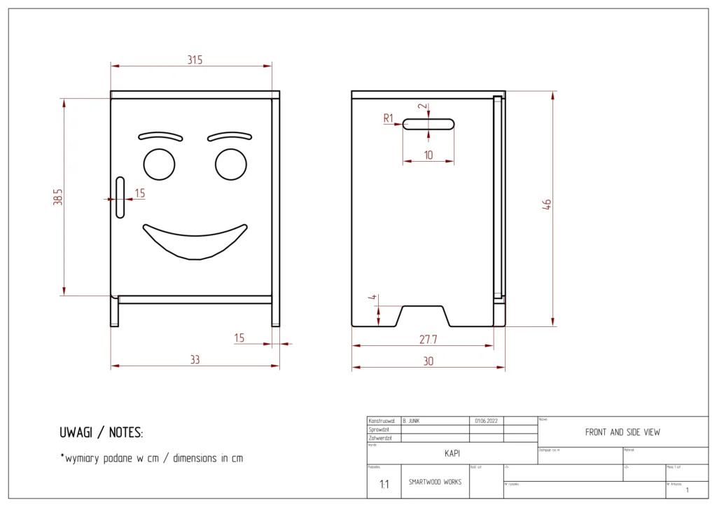Dessin technique de la table de chevet pour enfants KAPI