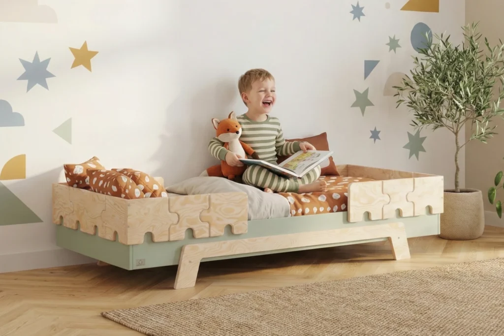 « Lit enfant en bois style Montessori, vert, avec protections puzzle »