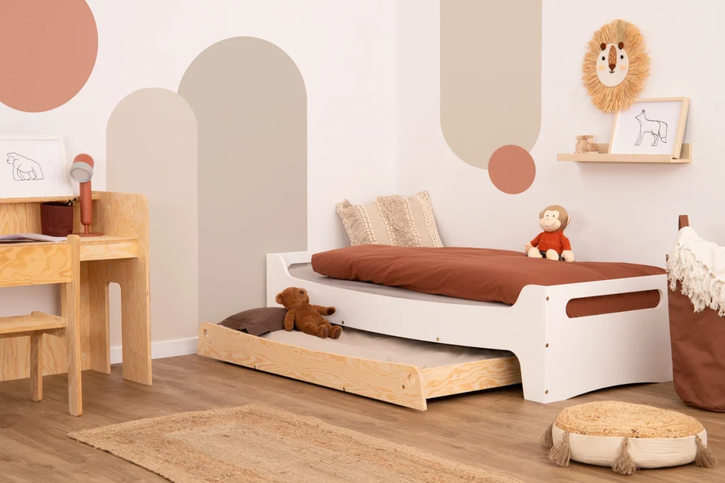 Lit enfant en bois fabriqué en contreplaqué de pin de couleur blanche avec tiroir coulissant