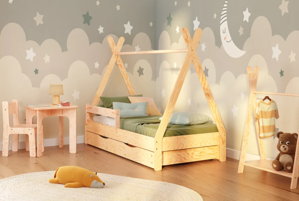 Lit enfant en bois style tipi en contreplaqué de pin couleur bois verni avec barrière latérale et tiroir coulissant
