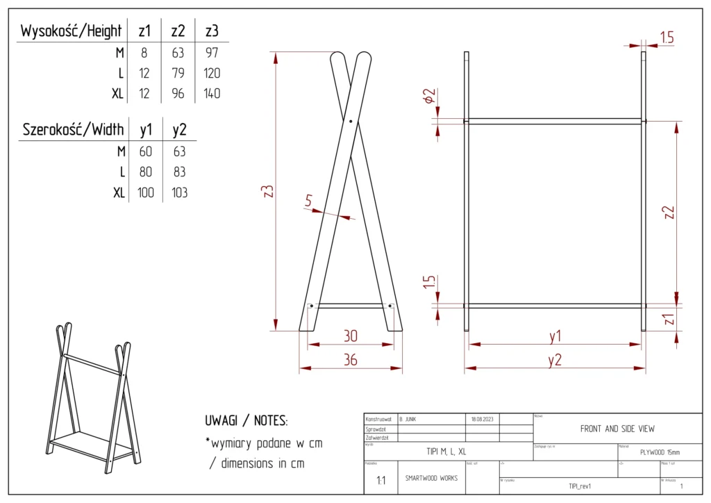 Dessin technique du portemanteau TIPI avec étagère à chaussures