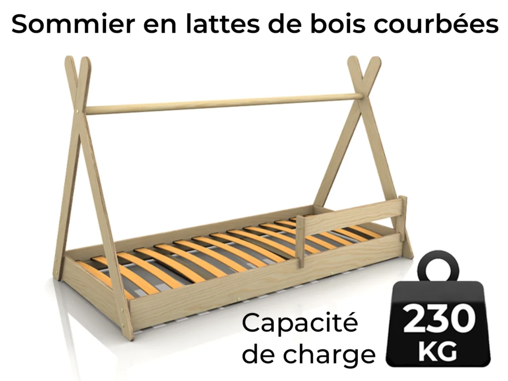 Lit enfant en bois de style tipi avec sommier à lattes courbées barrière latérale et capacité de charge jusqu’à 230kg