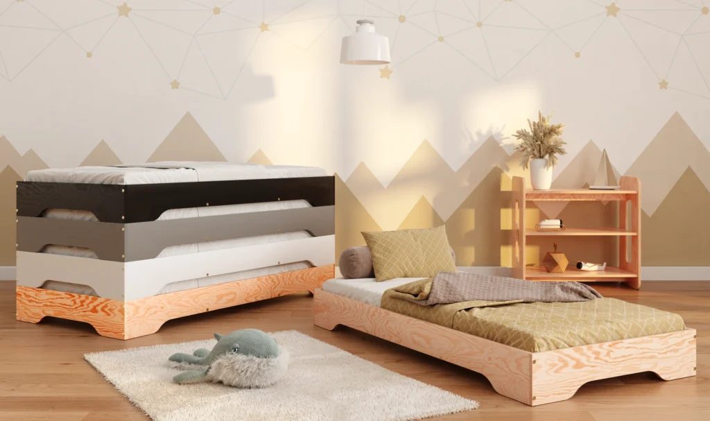 Lits en bois en contreplaqué de pin en couleurs bois naturel bois verni blanc gris et noir