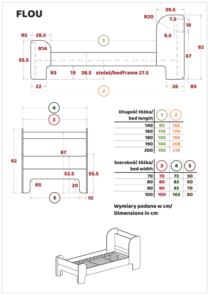 Dessin technique du lit FLOU avec étagère