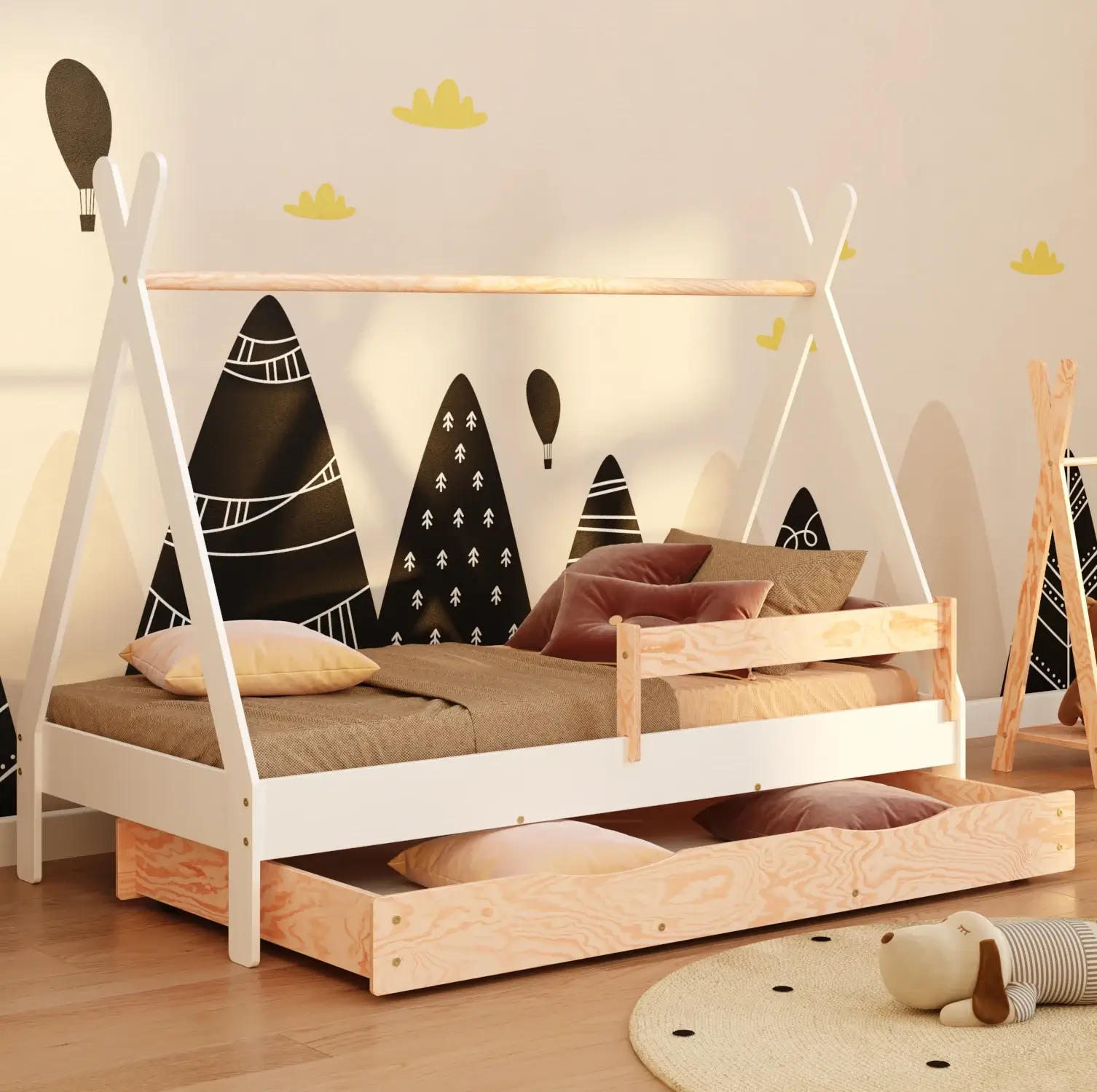 Lit cabane en bois pour enfant avec tiroir, barrière de sécurité e